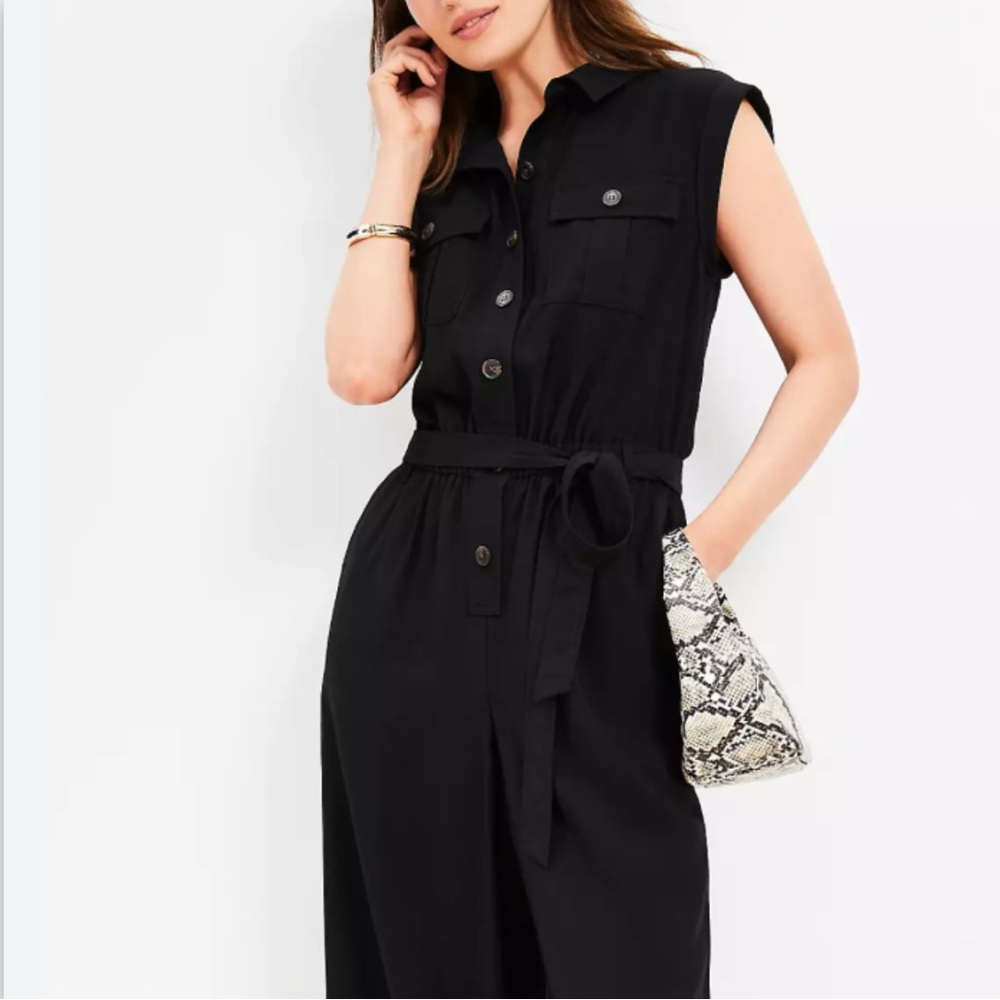 LOFT Black Sleeveless Button-Front Jumpsuit with Tie Waist